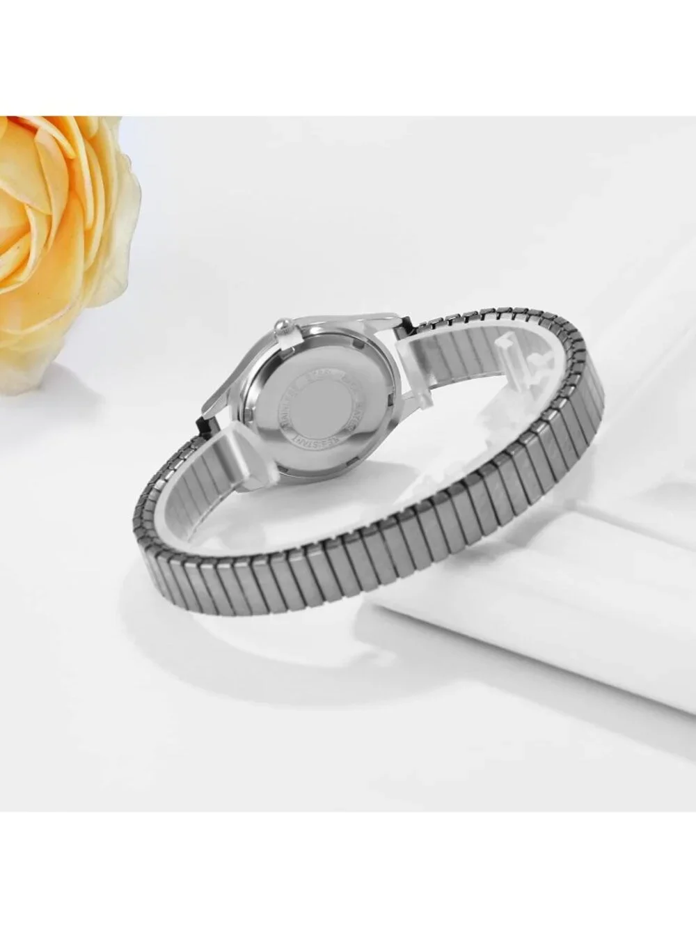 Women Silver Analog Quartz Small Dial Easy Reader Stretch Band Round Wrist Watch